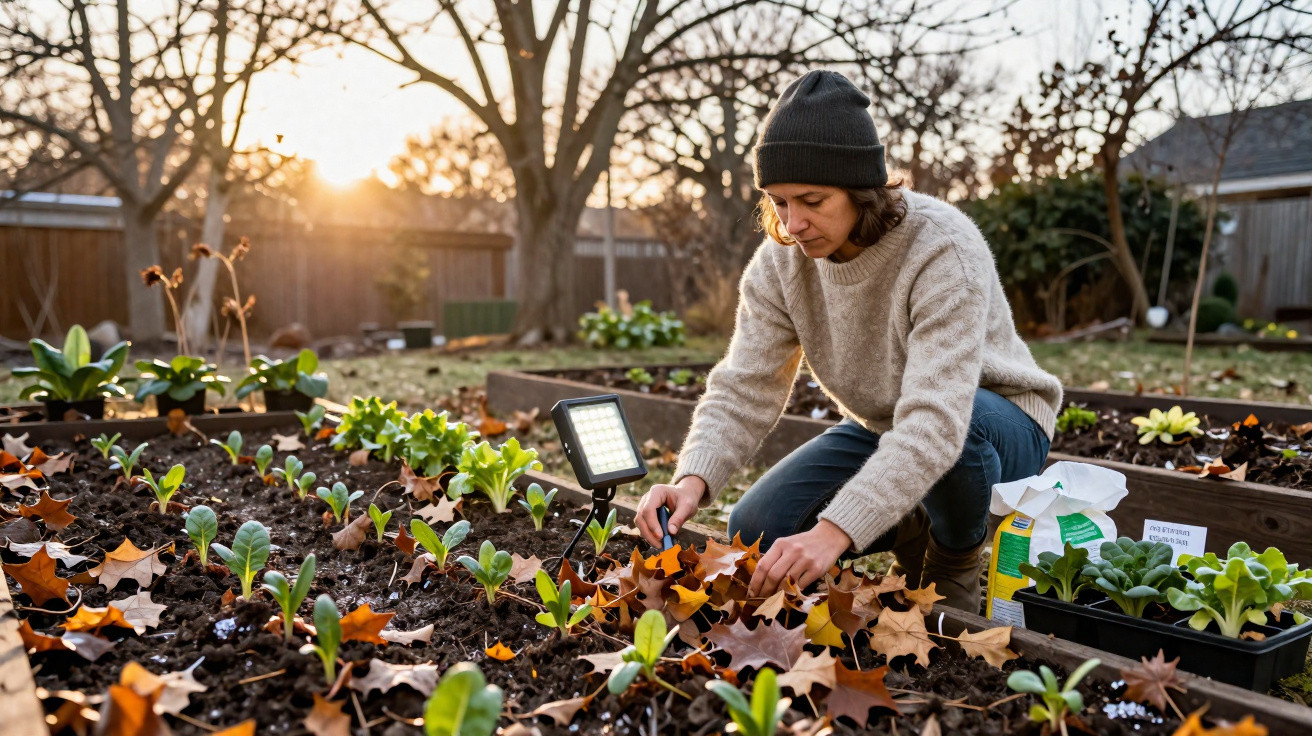 Pessoa a cuidar de plantas num jardim com folhas caídas ao pôr do sol.