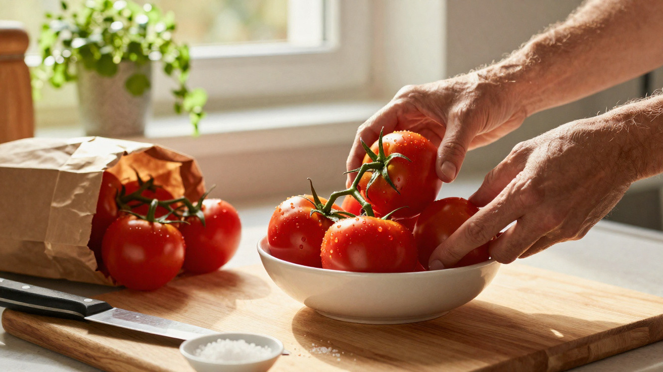 Mãos a colocar tomates frescos num prato branco sobre uma tábua de cortar madeira na cozinha.