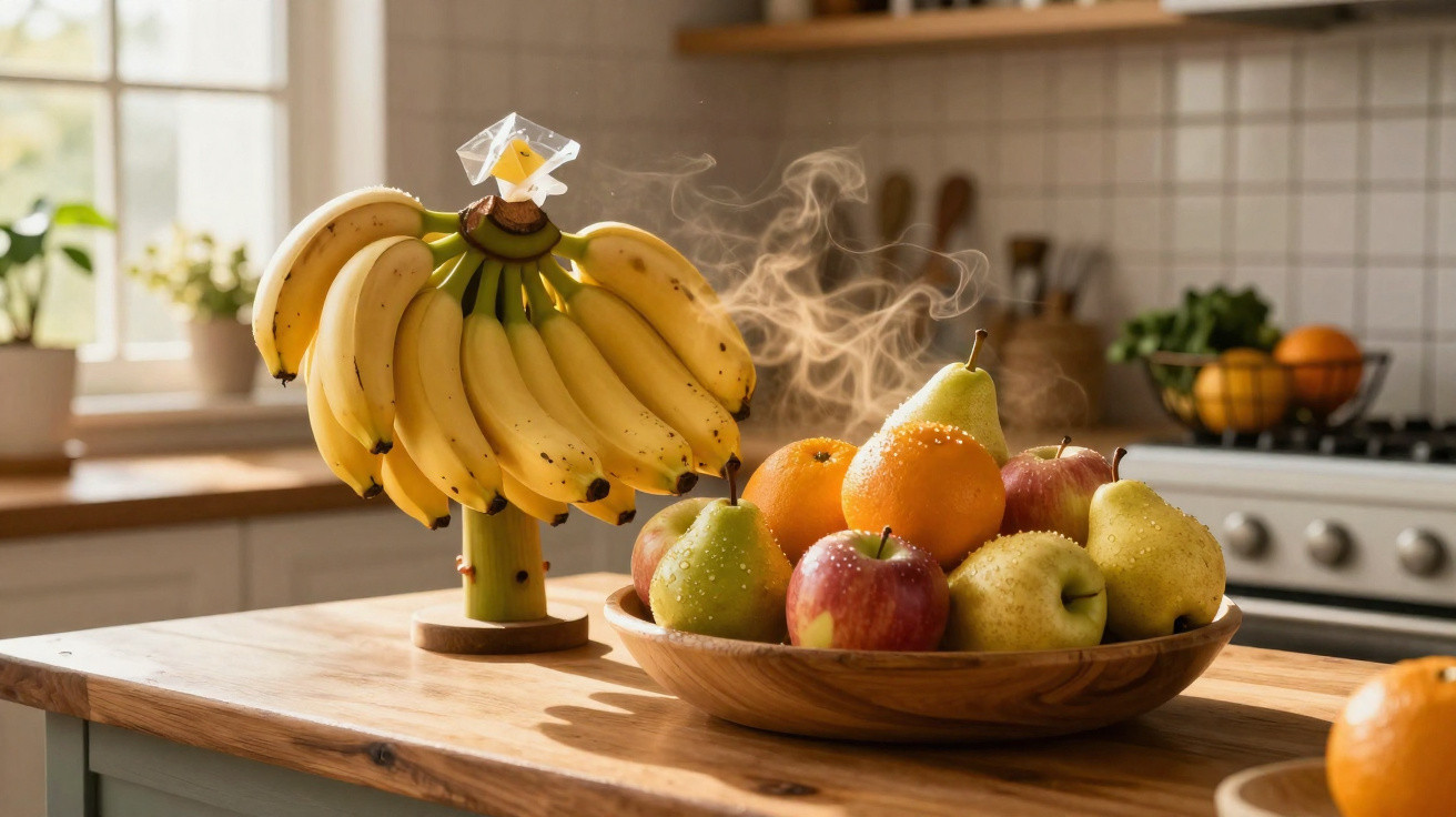 Fruteira de madeira com maçãs, peras e laranjas numa cozinha iluminada por luz natural.