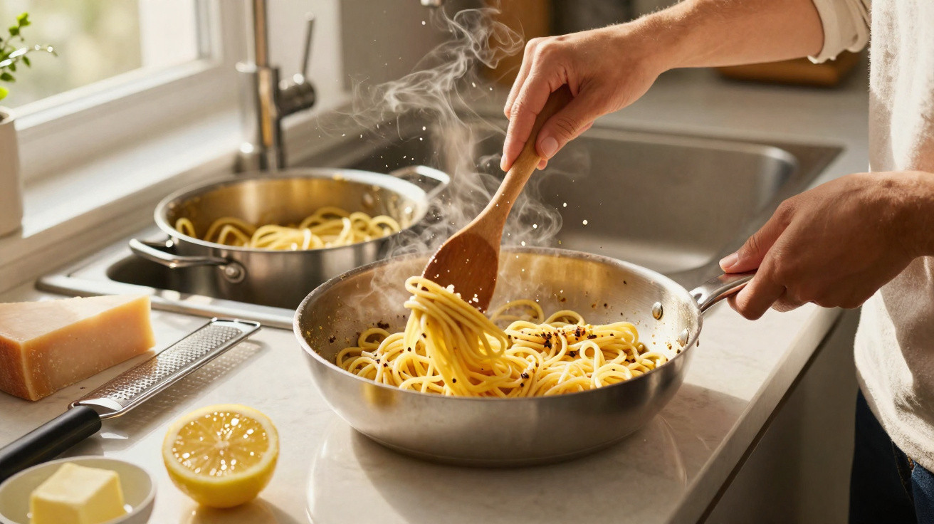 Pessoa a cozinhar esparguete numa frigideira com vapor a subir numa cozinha iluminada.