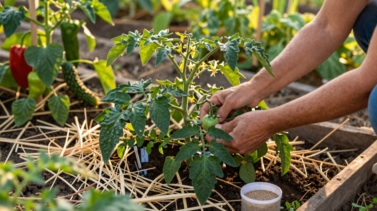 Mãos cuidadosas a apanhar um tomate verde numa estufa com plantas e cobertura de palha.