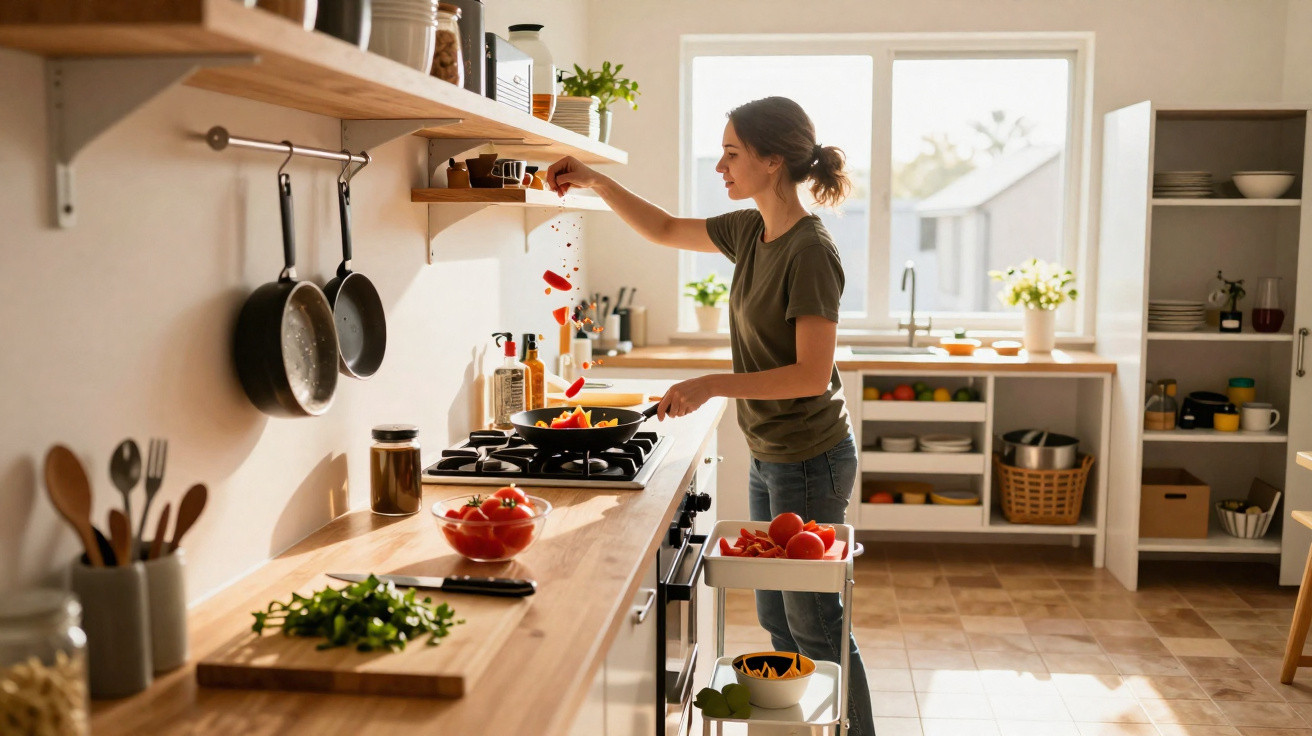 Mulher a cozinhar numa cozinha luminosa, a adicionar especiarias a uma frigideira no fogão.