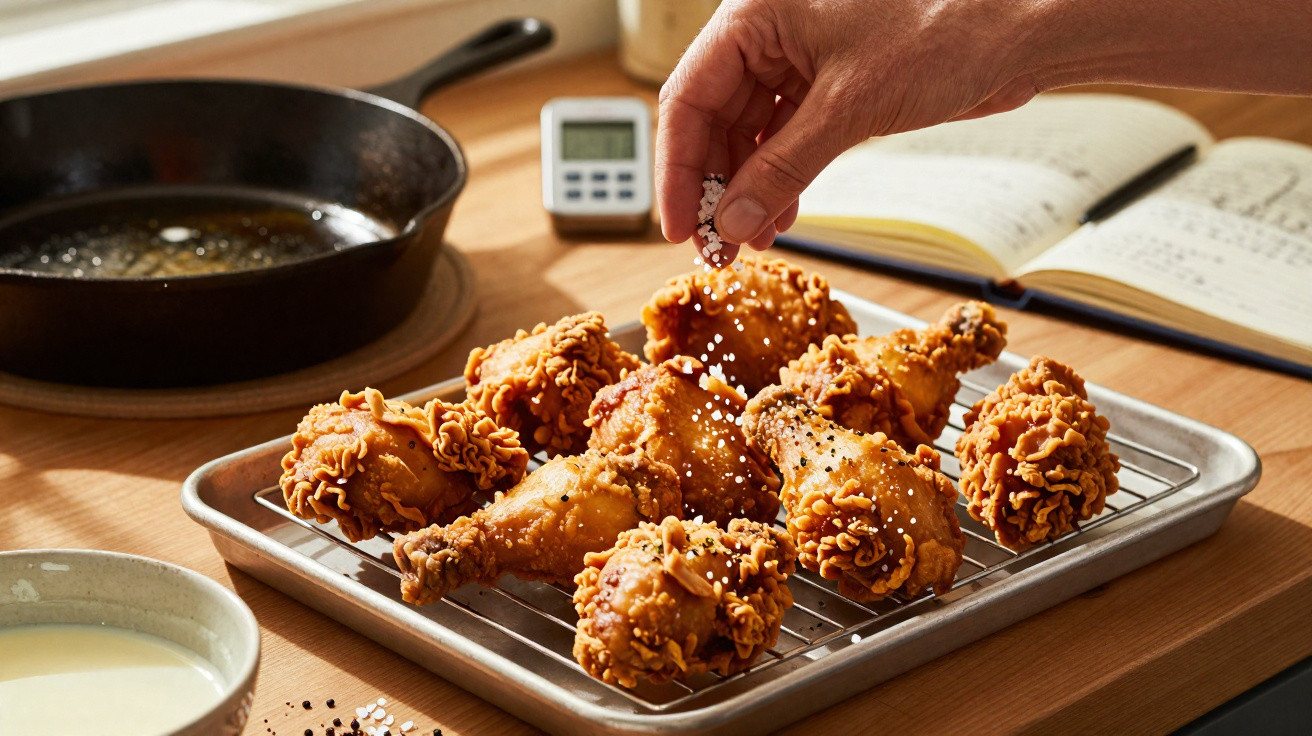 Mãos a temperar pedaços de frango frito crocante sobre uma grelha num tabuleiro de metal.