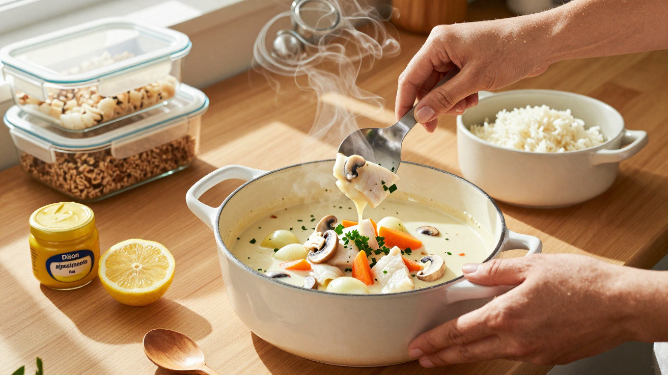 Pessoa a servir sopa cremosa de legumes com cogumelos, cenoura e ervas numa panela branca numa cozinha iluminada.