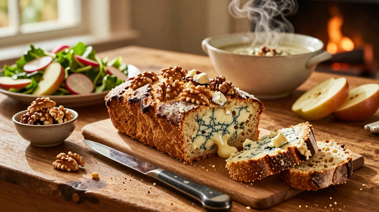 Pão com queijo azul e nozes servido com sopa quente e salada numa mesa de madeira.