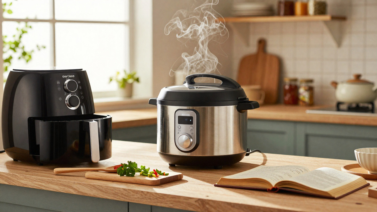 Panela elétrica a libertar vapor ao lado de fritadeira de ar numa cozinha moderna.