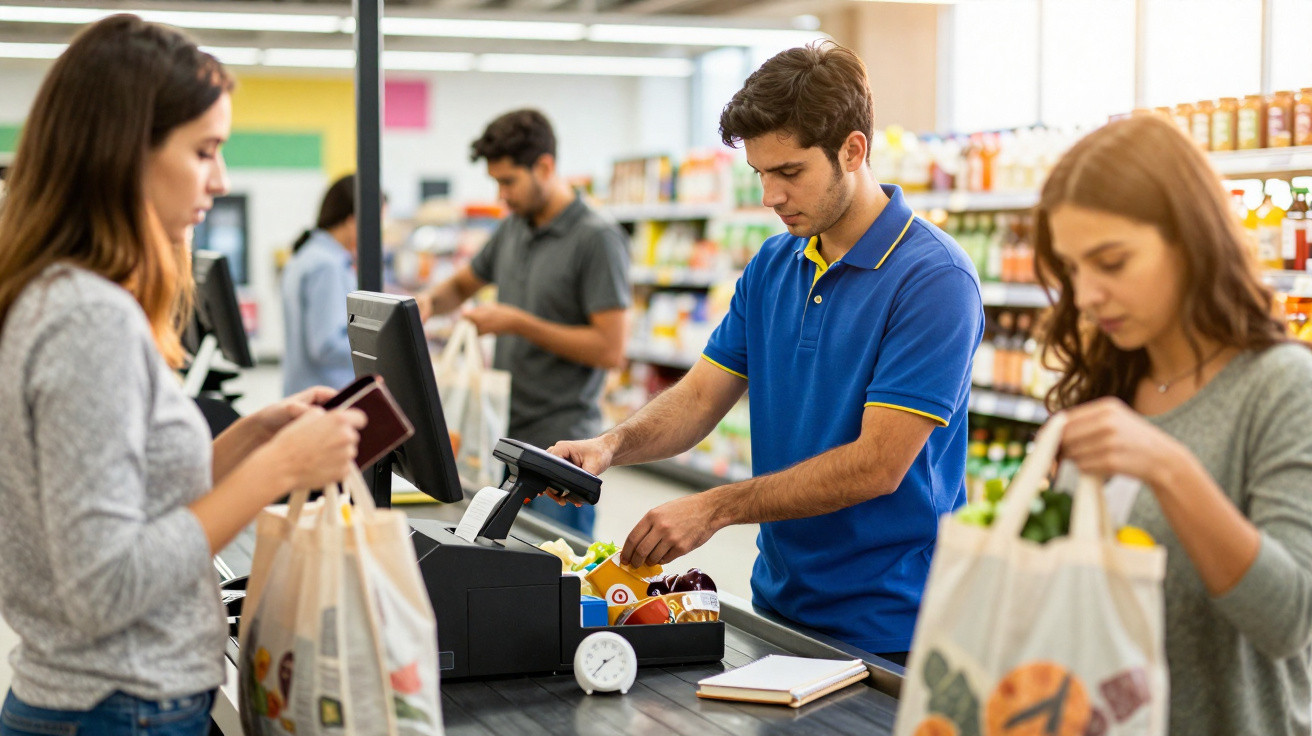 Funcionário de supermercado a passar produtos no caixa enquanto clientes esperam com sacos reutilizáveis.
