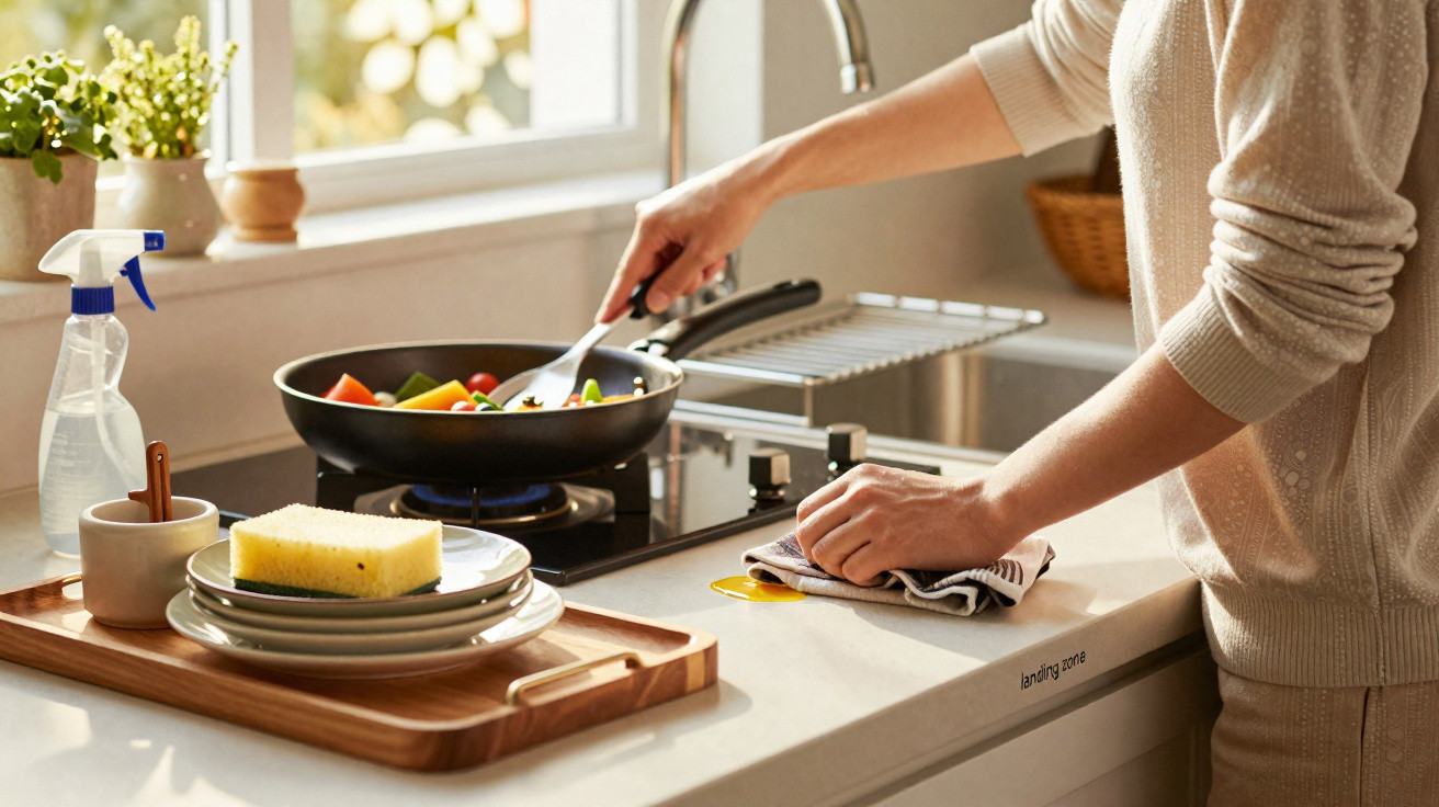 Pessoa a cozinhar legumes numa frigideira numa cozinha iluminada natural com janela.