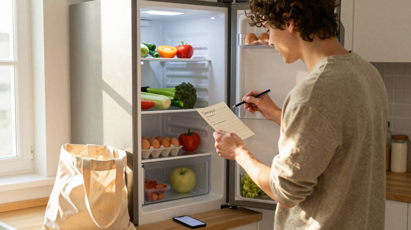Homem a fazer lista de compras em frente ao frigorífico aberto com frutas, legumes e ovos no interior.