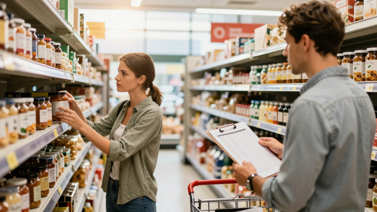 Mulher e homem a fazer compras em supermercado, mulher escolhe produto enquanto homem consulta lista.