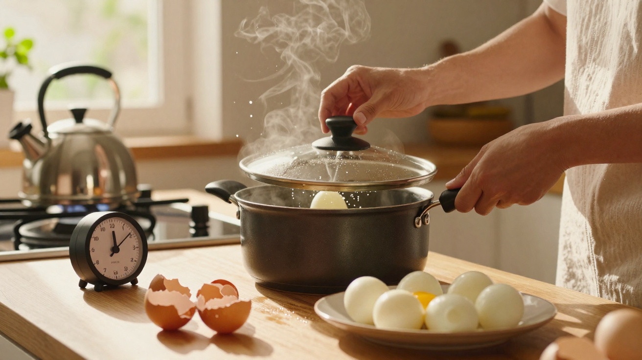 Pessoa a cozinhar ovos em panela com tampa de vidro, com timer, cascas e ovos descascados na bancada.