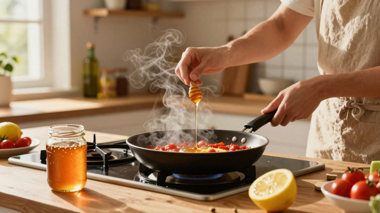 Mão a verter mel quente numa frigideira com legumes a cozinhar numa cozinha luminosa.
