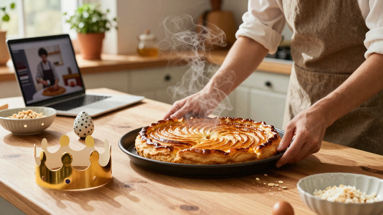 Pessoa a segurar tarte quente acabada de fazer numa cozinha, com computador e coroa dourada na bancada.