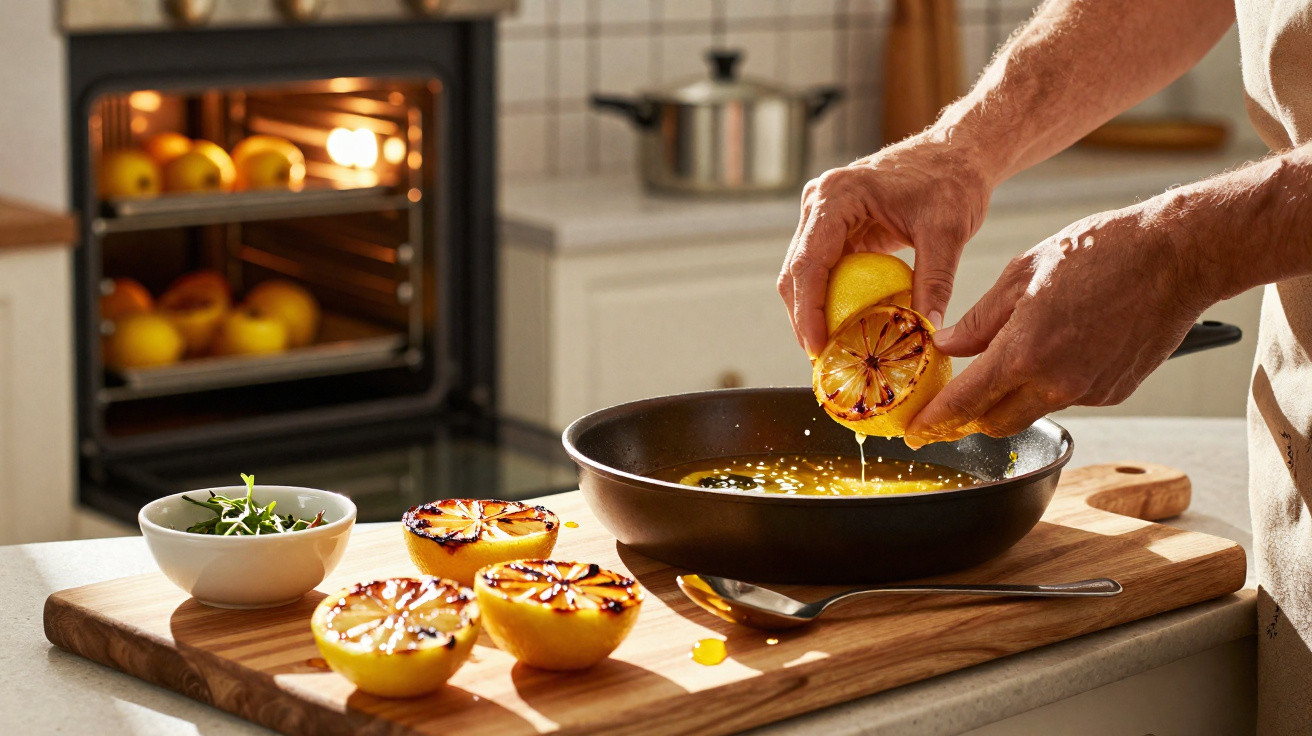 Mãos a espremer laranjas grelhadas numa frigideira numa cozinha com forno e tigela de legumes ao fundo.