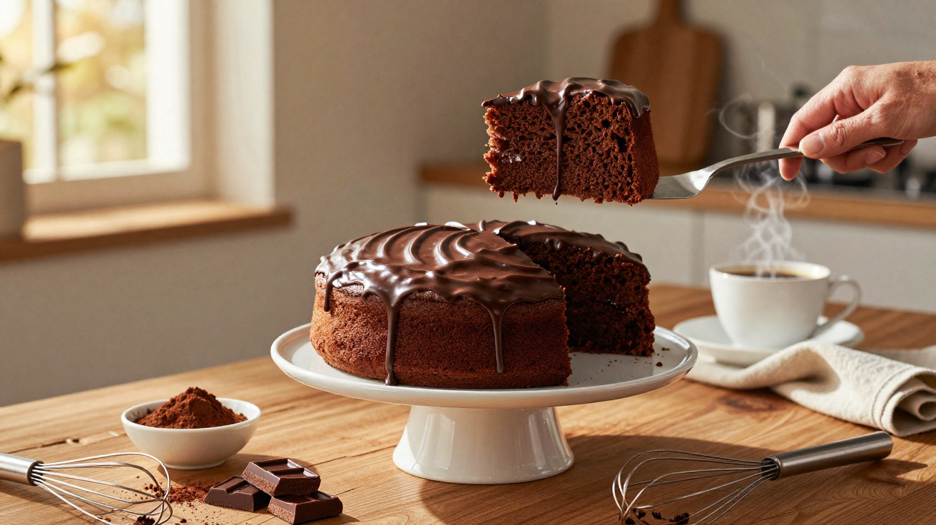 Bolo de chocolate húmido com cobertura cremosa servido numa cozinha luminosa com café e ingredientes.