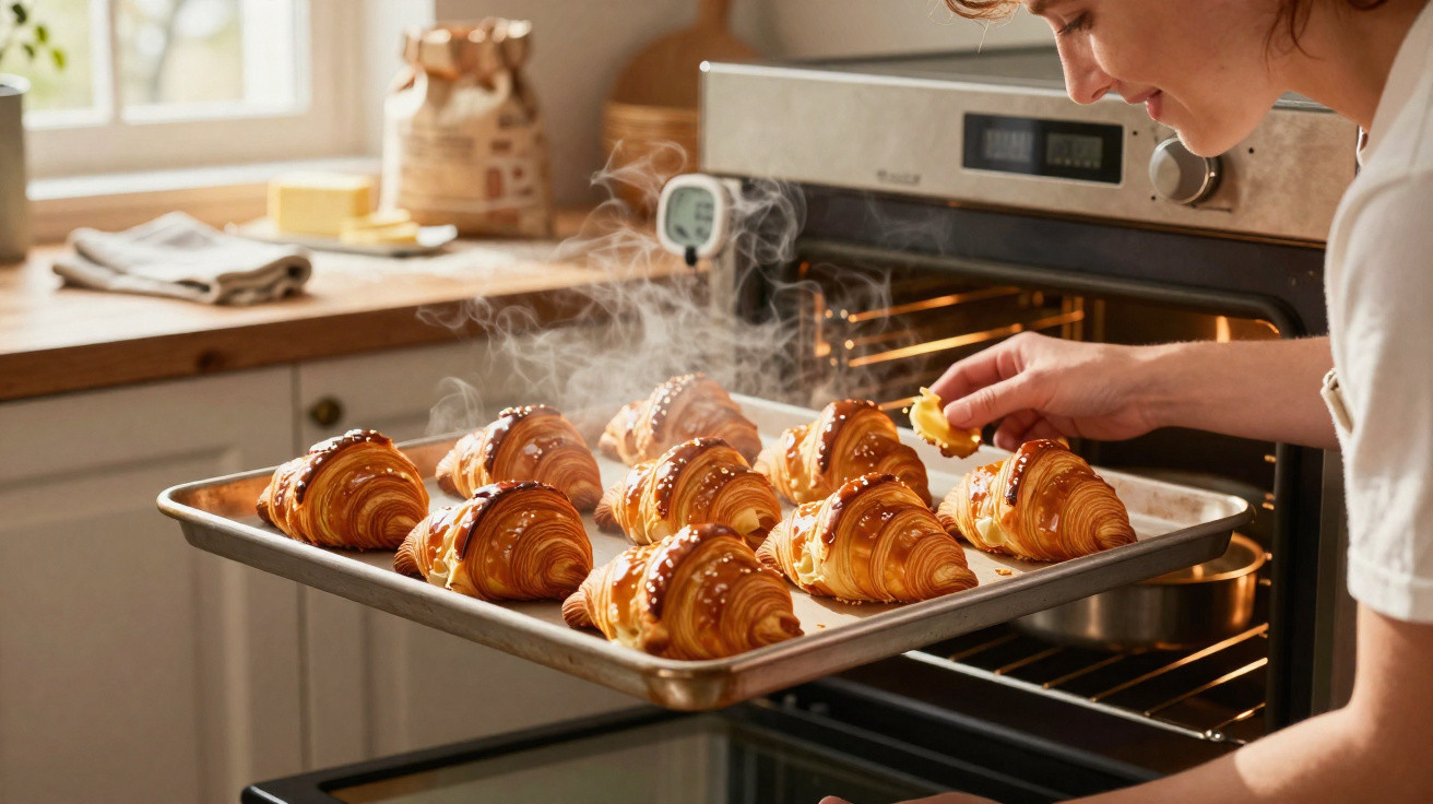 Pessoa a retirar croissants quentes do forno numa cozinha iluminada e acolhedora.