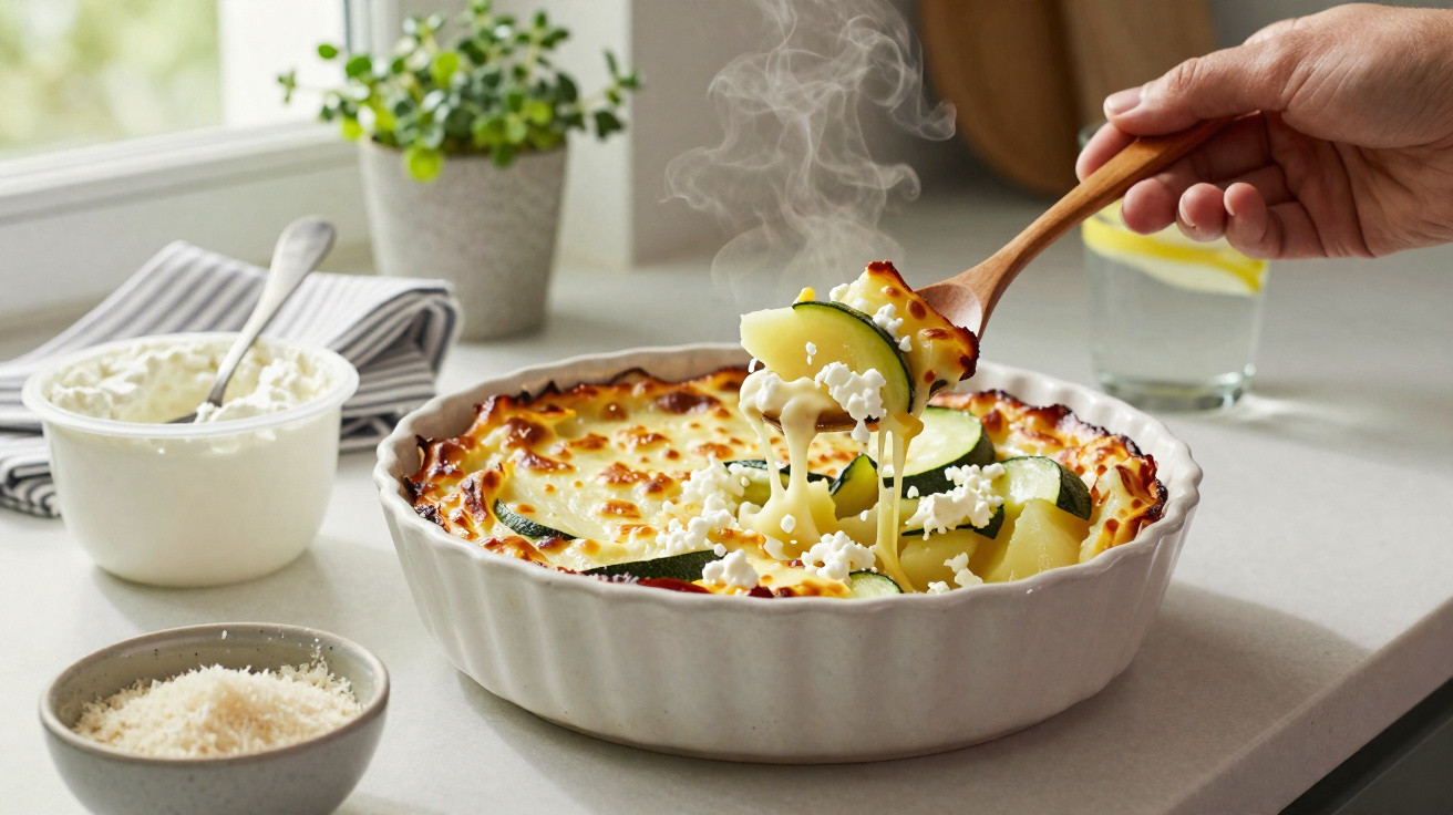 Mão a servir caçarola gratinada com courgette, batata e queijo derretido a fumegar na cozinha.