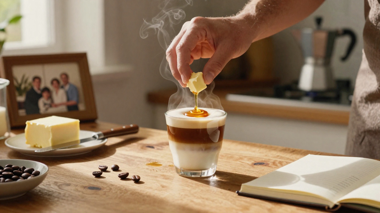 Pessoa a colocar manteiga numa chávena de café com leite fumegante numa cozinha.