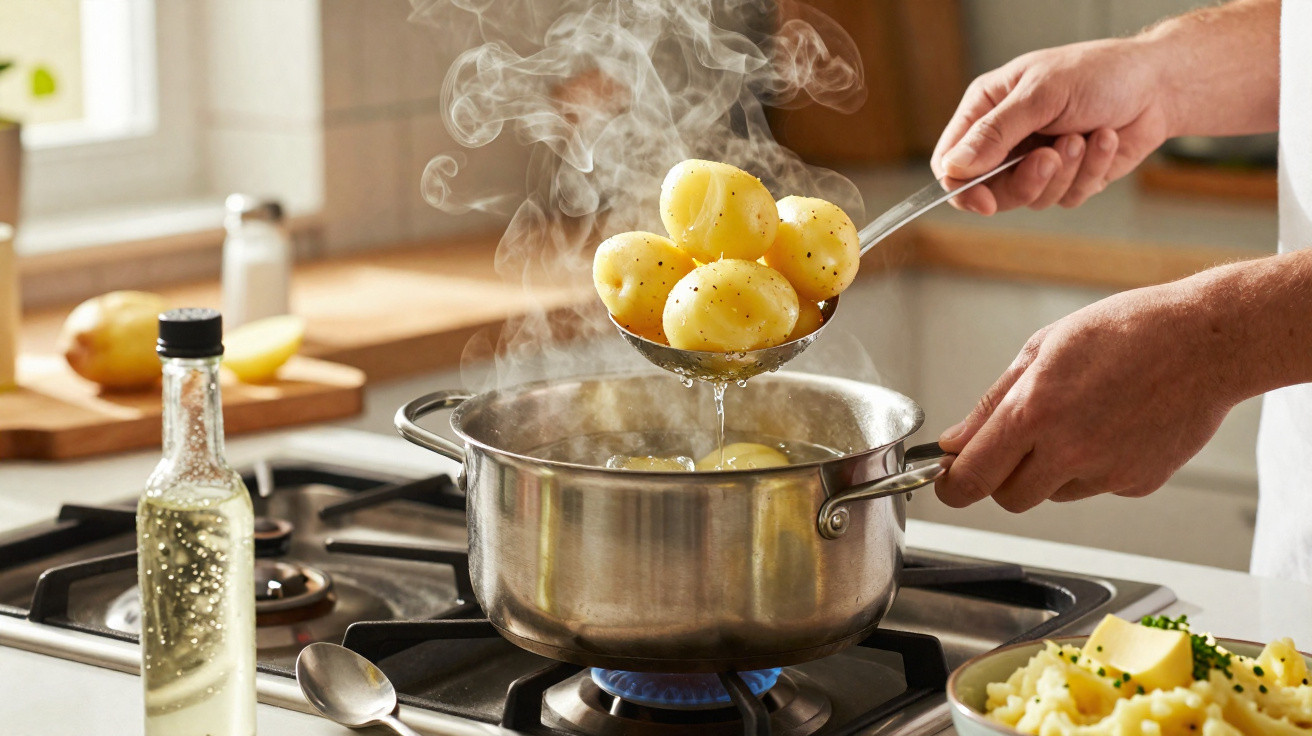 Mãos a retirar batatas cozidas fumegantes de panela no fogão a gás numa cozinha iluminada.