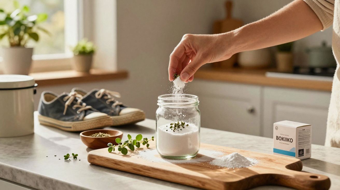 Mão polvilhando sal aromatizado em vidro na cozinha com planta, sapatos e embalagem ao fundo.