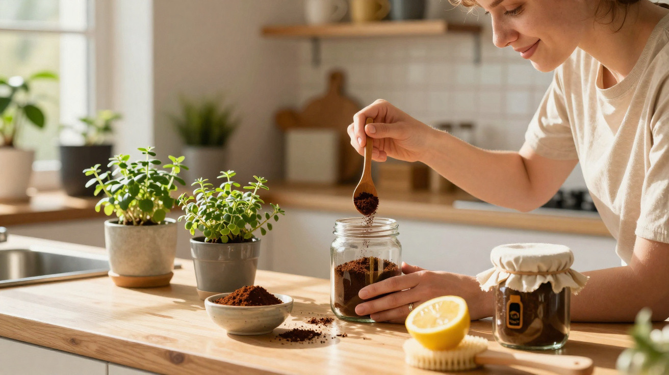 Pessoa a colocar café moído num frasco de vidro numa cozinha iluminada e decorada com plantas.