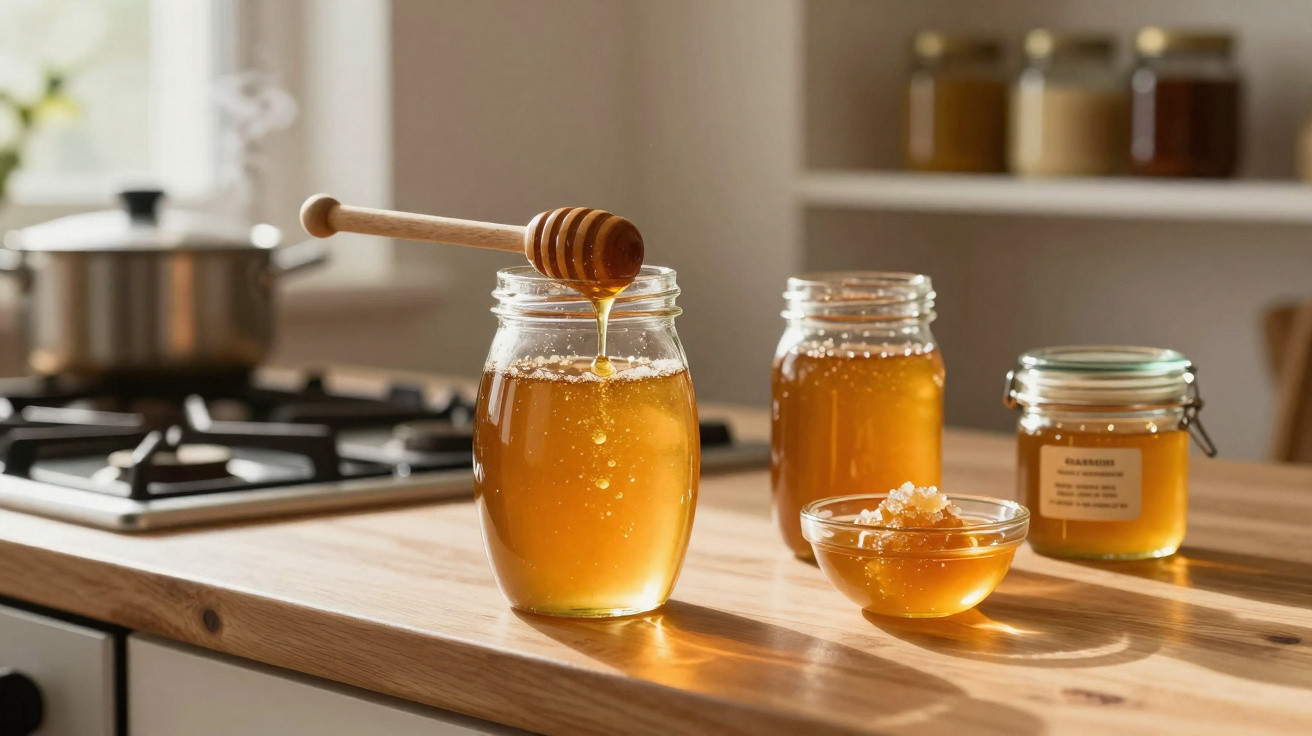 Frascos e taça com mel dourado numa bancada de madeira numa cozinha iluminada.