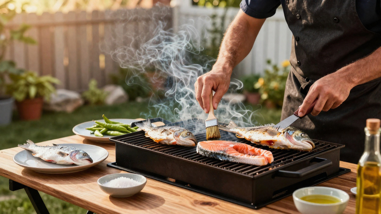 Pessoa a grelhar peixes e salmão numa churrasqueira elétrica num espaço exterior com tigelas e pratos à mesa.