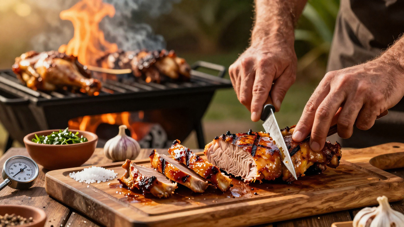 Pessoa a cortar carne assada com grelha e ingredientes num ambiente exterior.