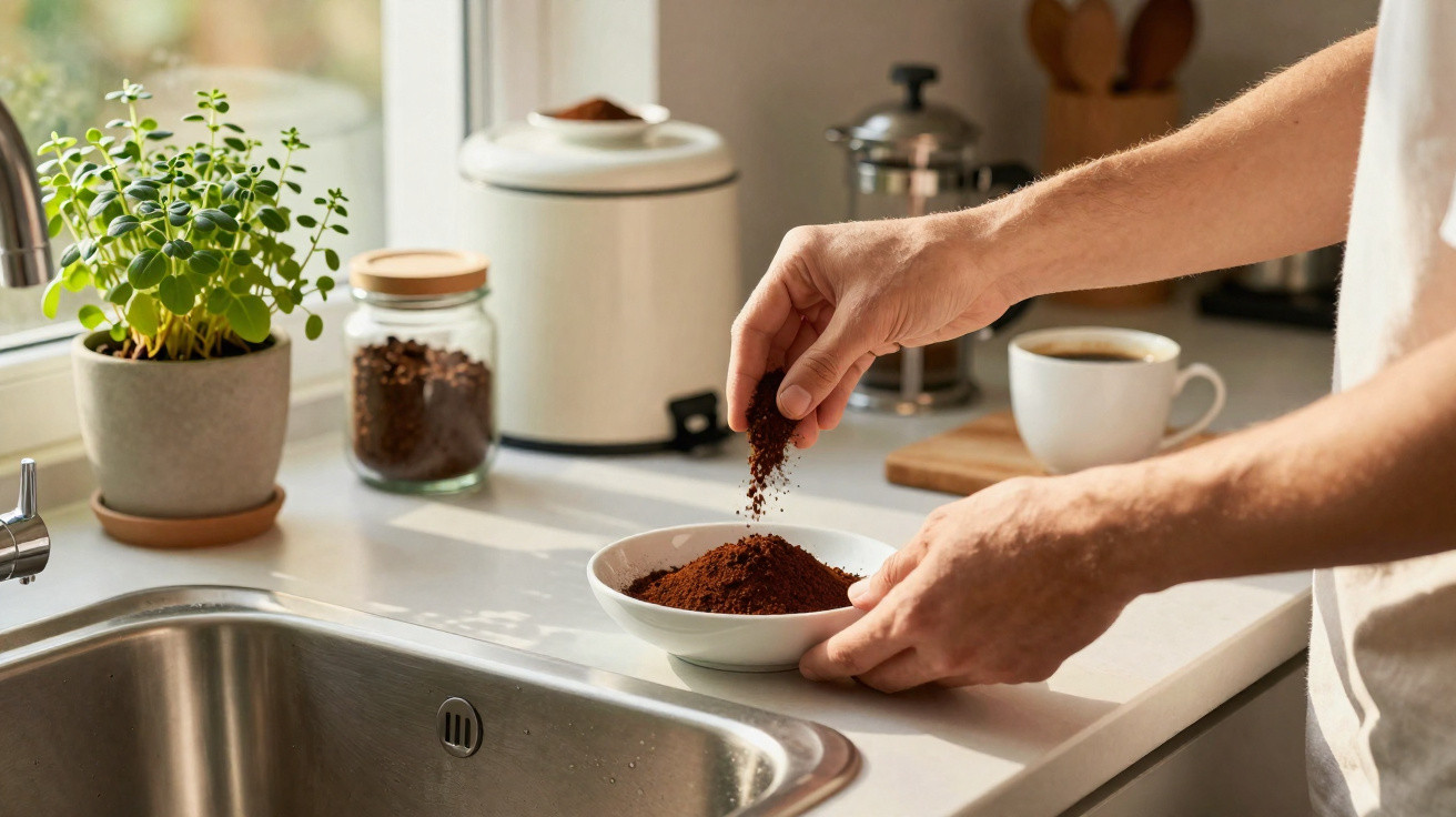 Mãos a colocar café moído numa tigela na bancada de cozinha junto a chávena de café e plantas.