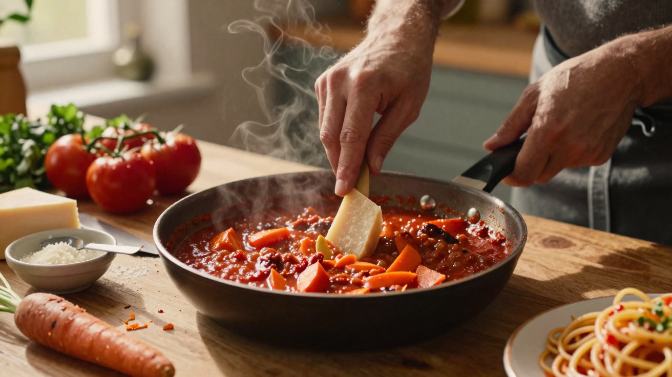 Pessoa a ralear queijo sobre panela com molho de tomate quente e legumes numa cozinha.