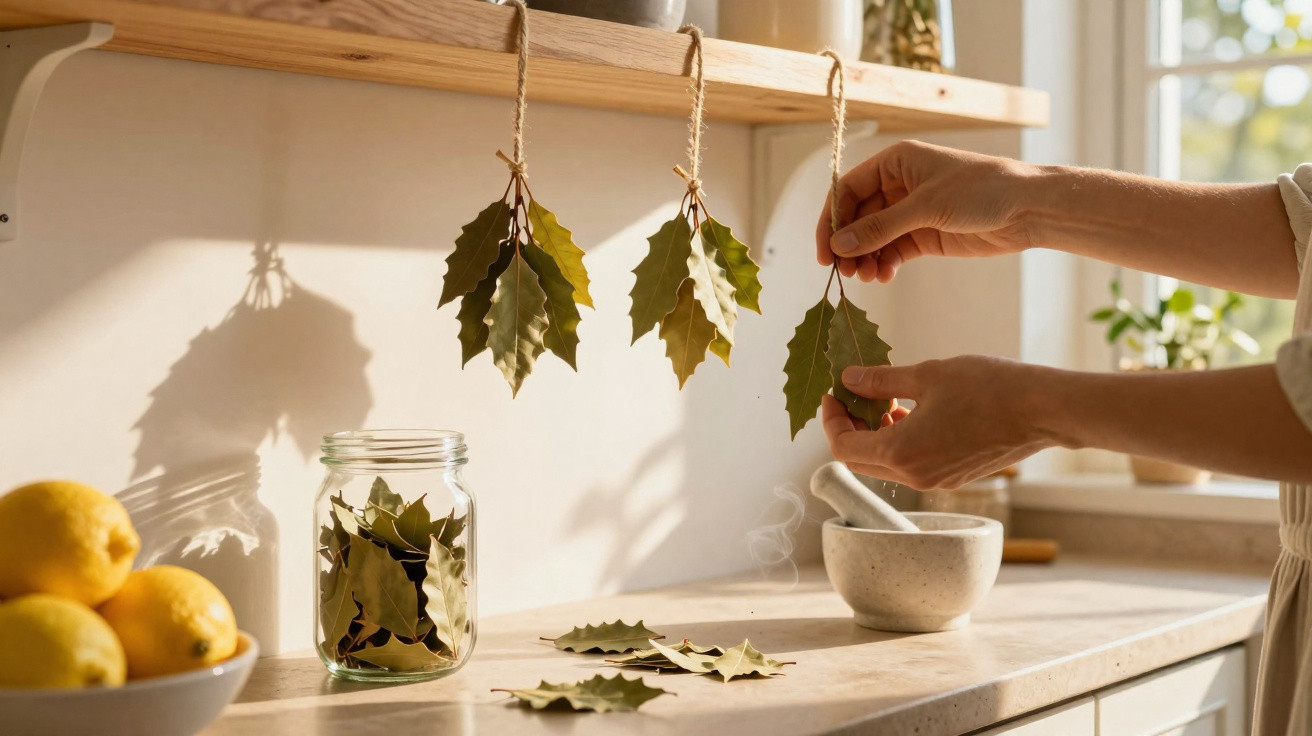 Folhas de louro penduradas para secar numa cozinha iluminada ao sol, com limões e almofariz.