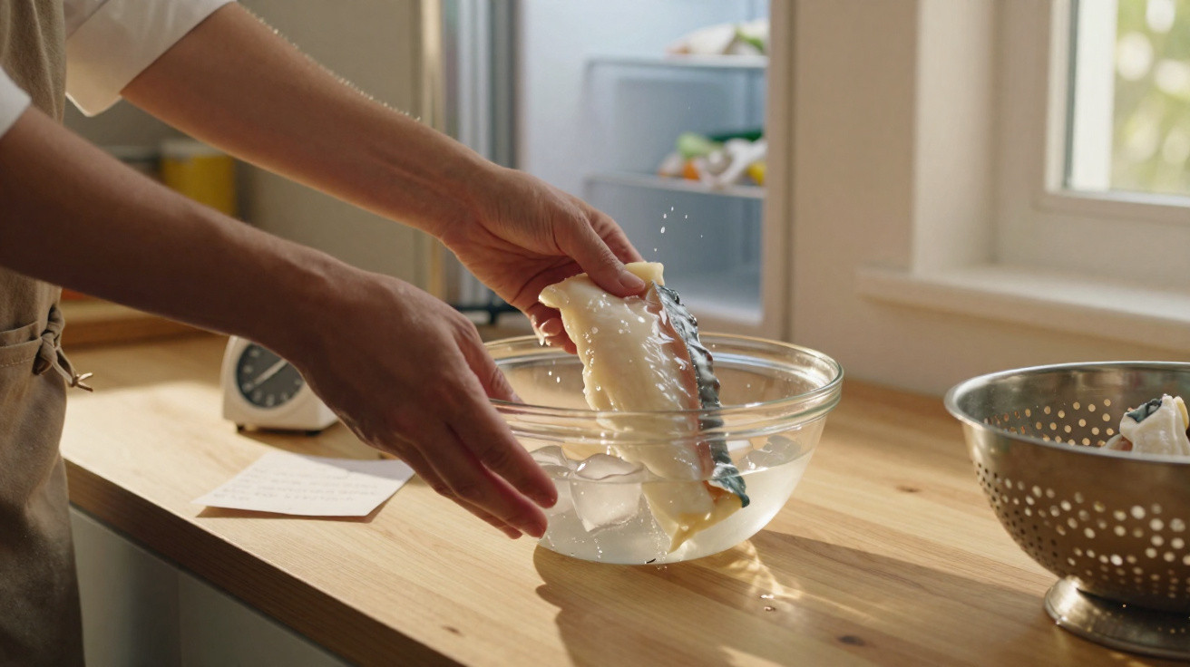 Mãos a salgar postas de peixe numa taça de vidro numa cozinha iluminada pela luz natural.
