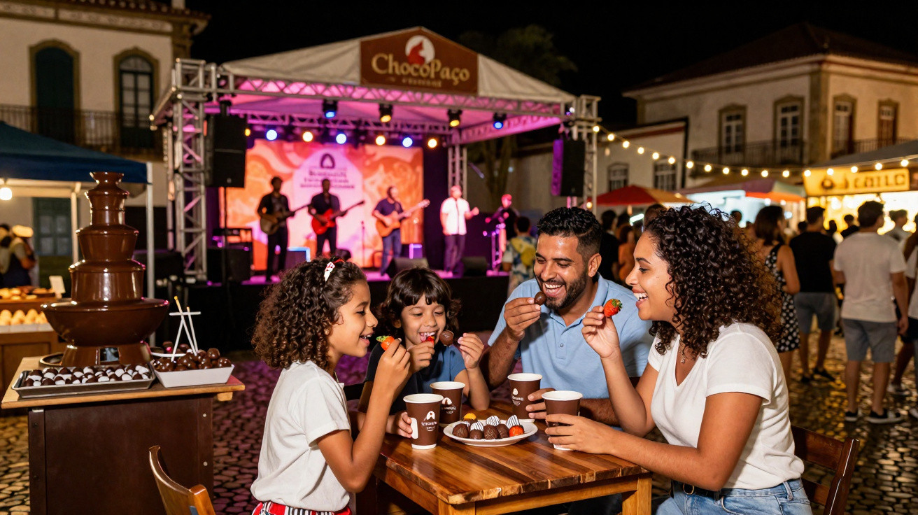 Família desfruta chocolates numa mesa ao ar livre, com banda a tocar no palco ao fundo durante evento noturno.