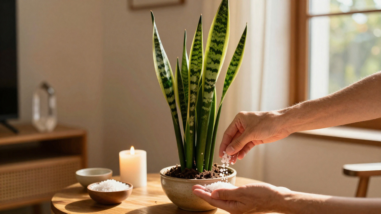 Mãos a adicionar cristais brancos à base de planta de interior num ambiente acolhedor com vela acesa.