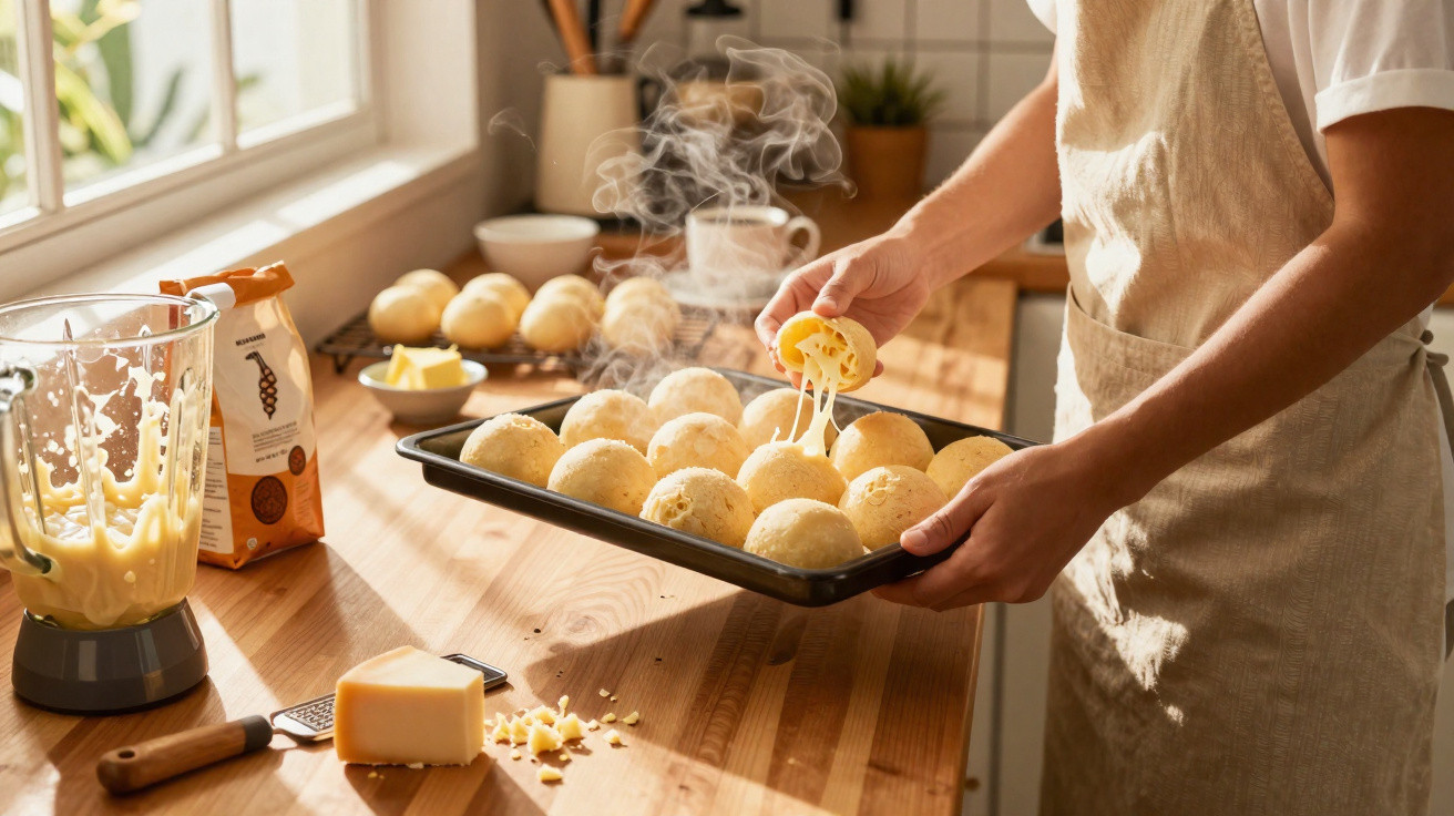 Pessoa a retirar pão de queijo quente e fumegante de tabuleiro numa cozinha iluminada.