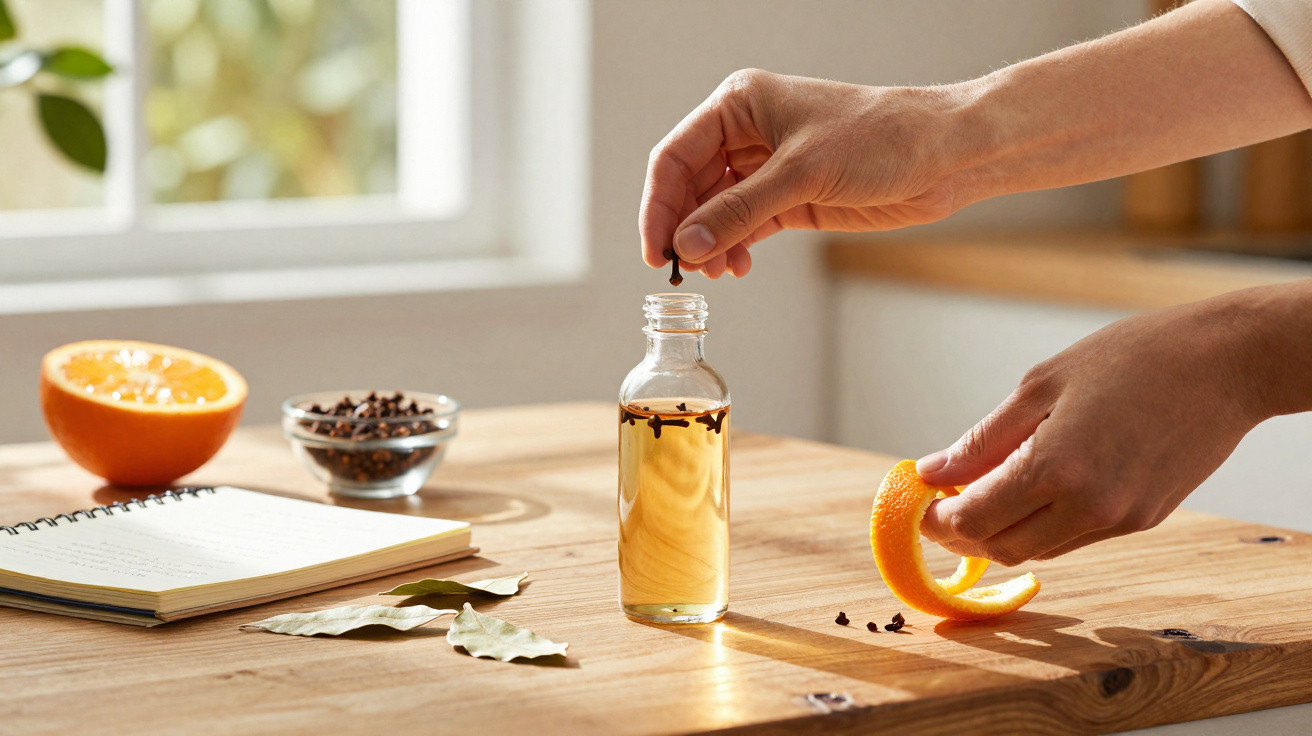 Mãos a preparar essência com casca de laranja e cravinho numa garrafa, sobre mesa de madeira, com caderno e ingredientes.