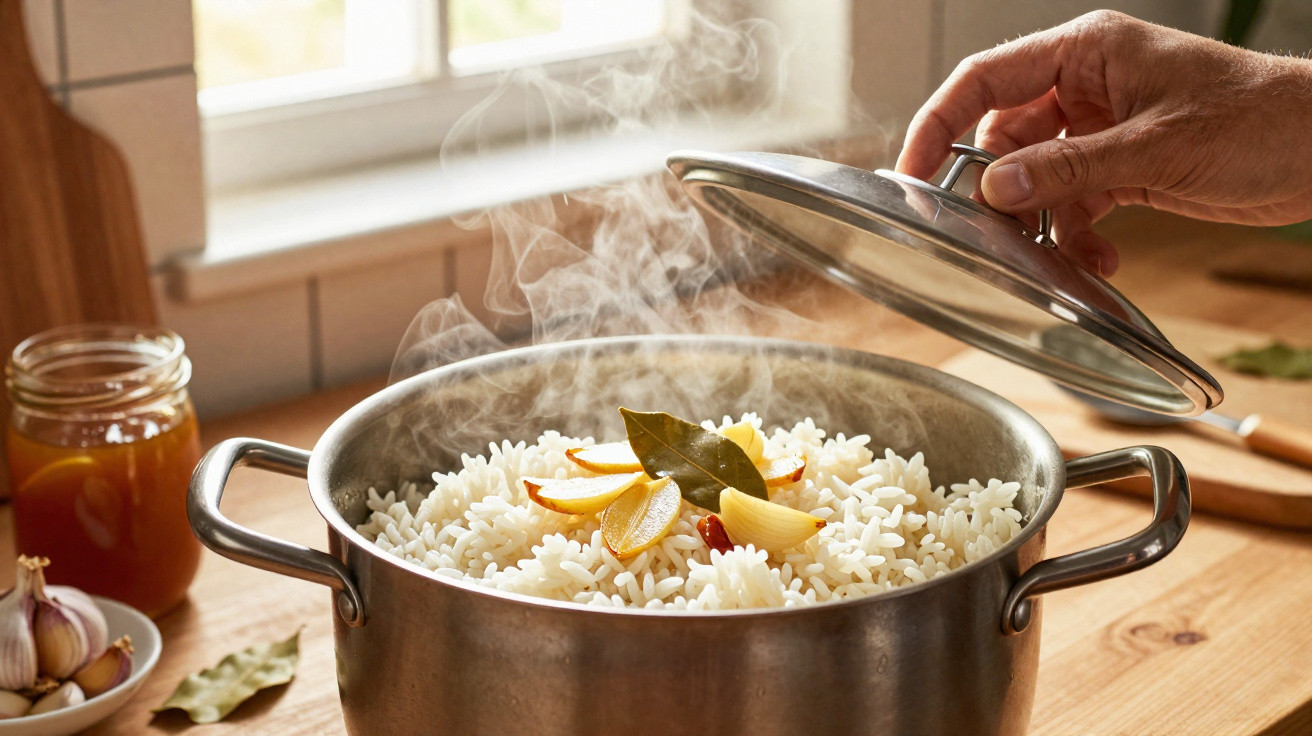 Panela metálica cheia de arroz quente com ervas e especiarias, tampa a ser levantada.