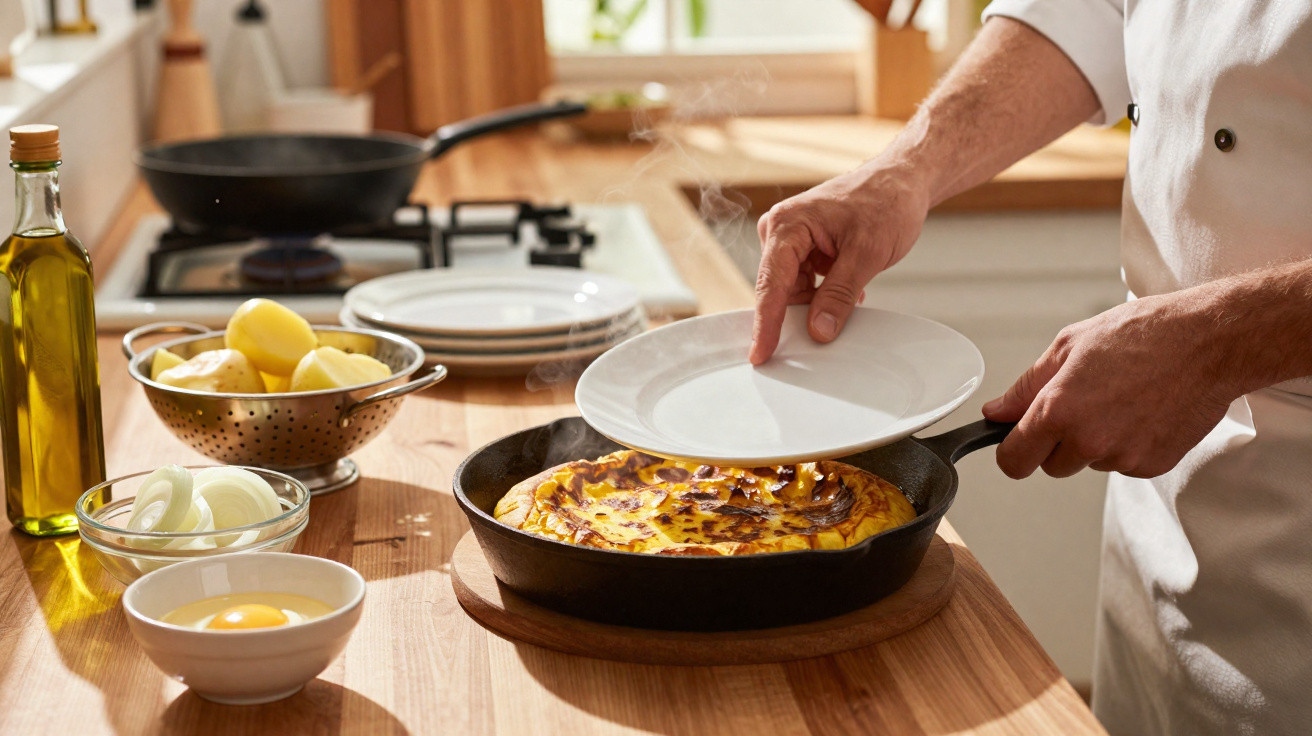 Mão de cozinheiro a retirar tortilha de batata quente de frigideira para prato na cozinha iluminada.