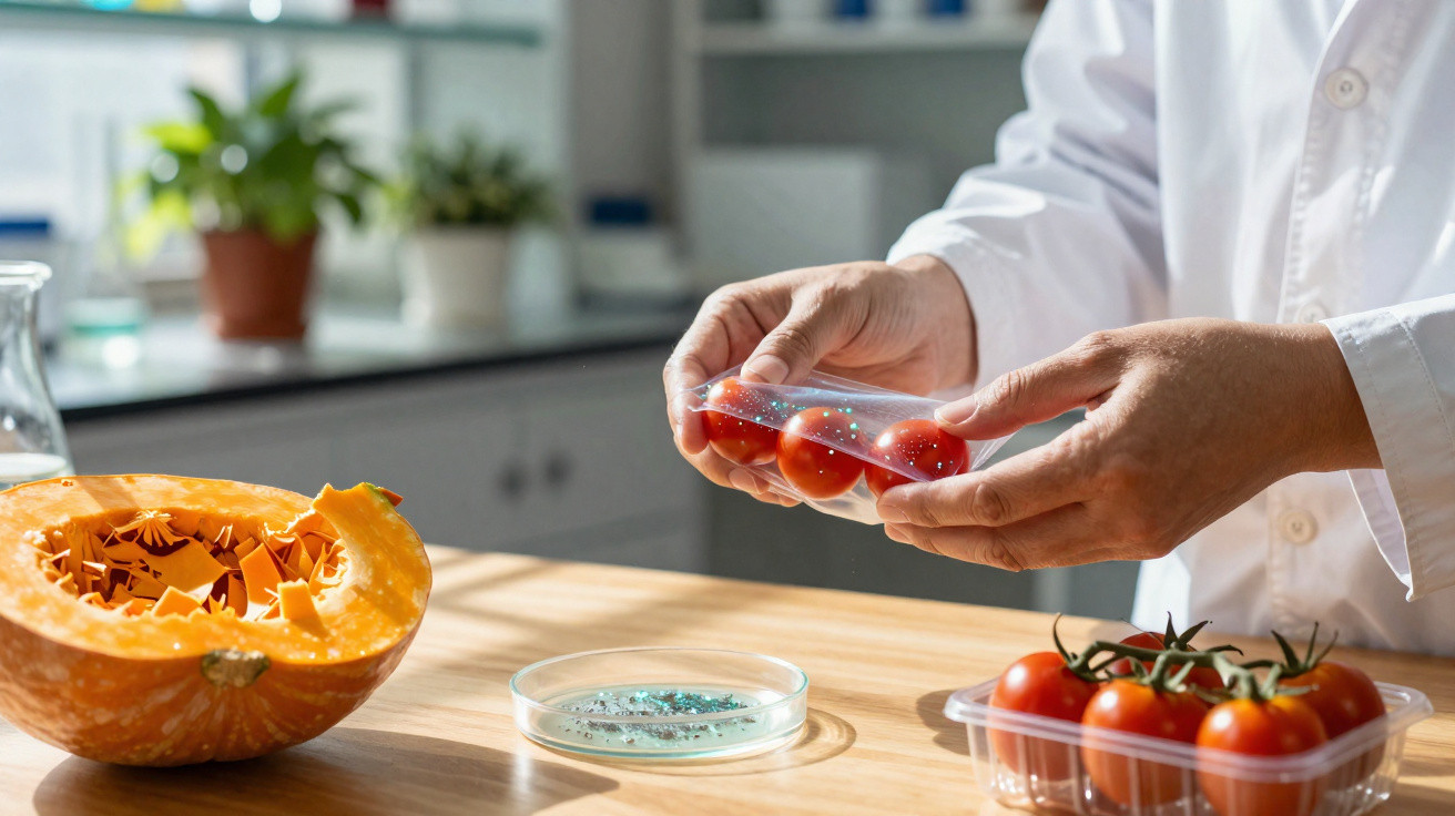 Mãos segurando embalagem de tomates-cereja, ao lado de metade de uma abóbora e placa de Petri numa bancada.