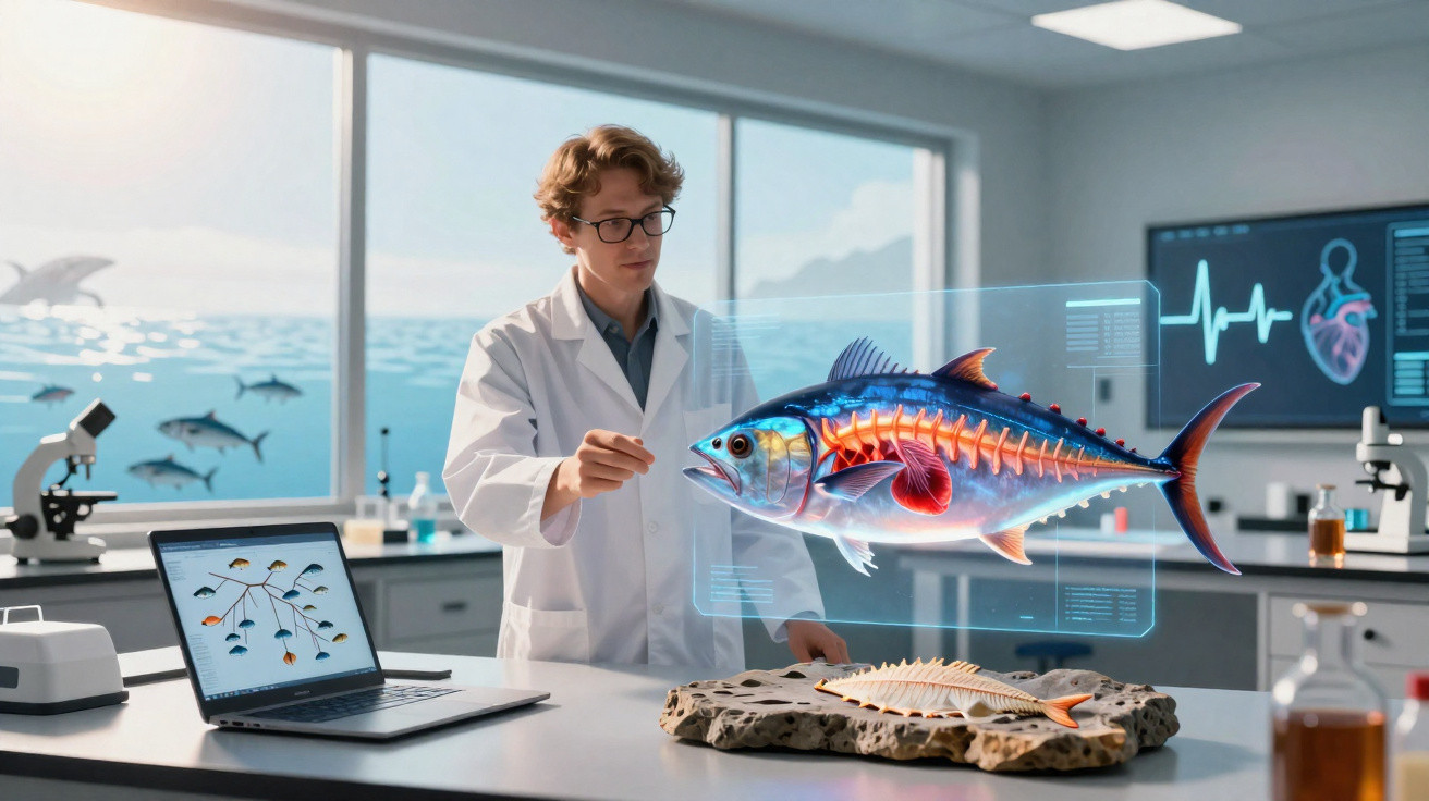 Cientista em laboratório analisa imagem holográfica e esqueleto de peixe sobre bancada com equipamento científico.