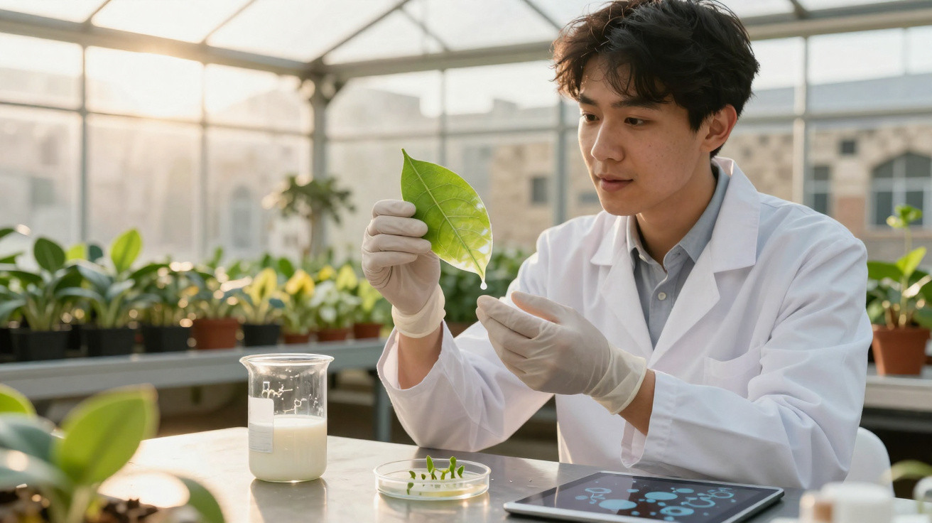 Cientista com bata e luvas a analisar uma folha verde numa estufa cheia de plantas.