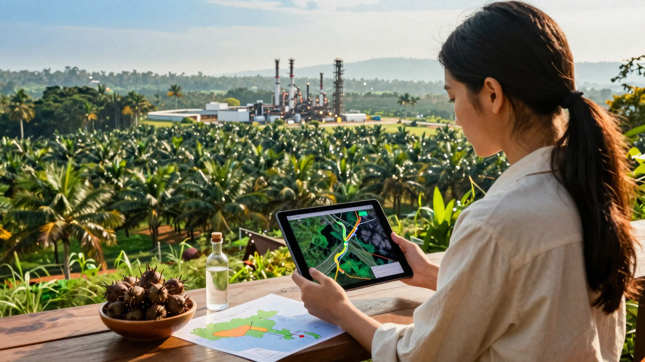 Mulher com tablet a analisar mapa digital, com plantações e fábrica ao fundo numa área rural.