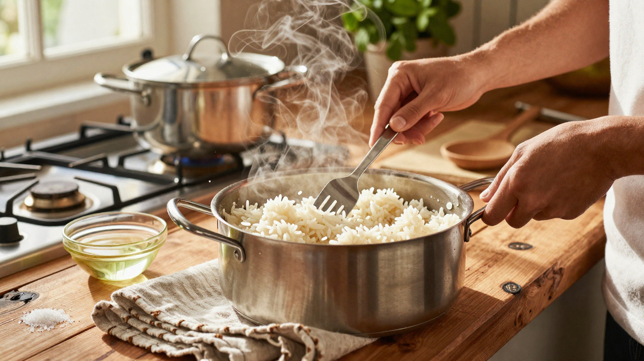 Pessoa a mexer arroz quente numa panela em cozinha com luz natural e utensílios de madeira.