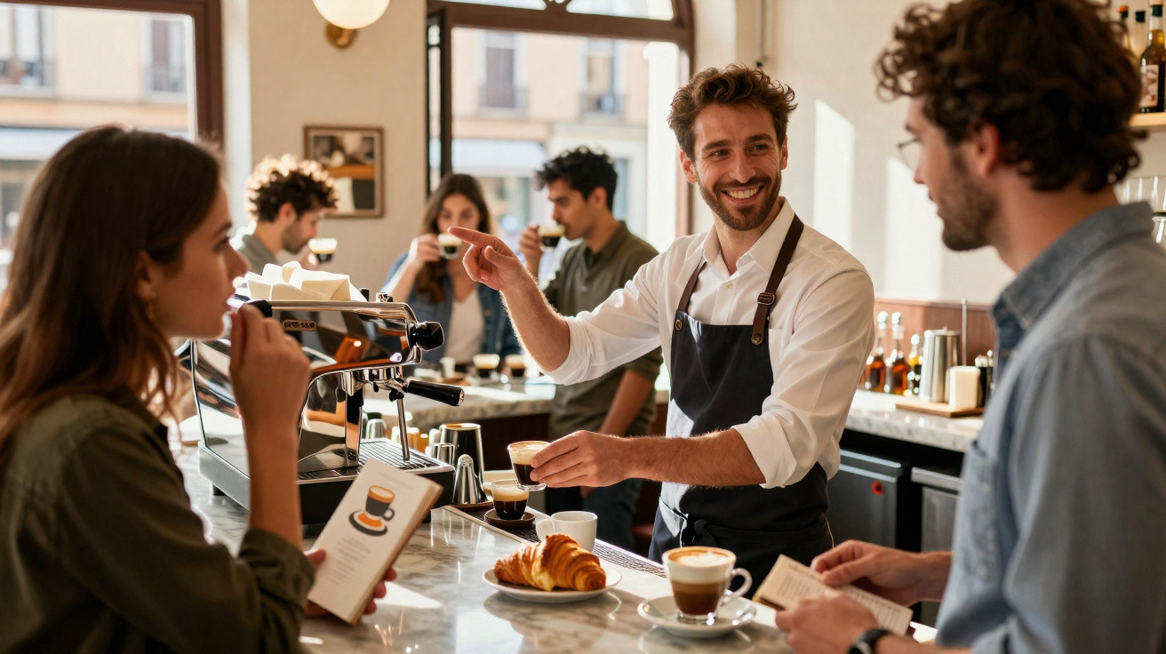 Barista sorridente a servir café a clientes numa cafetaria acolhedora com ambiente descontraído.