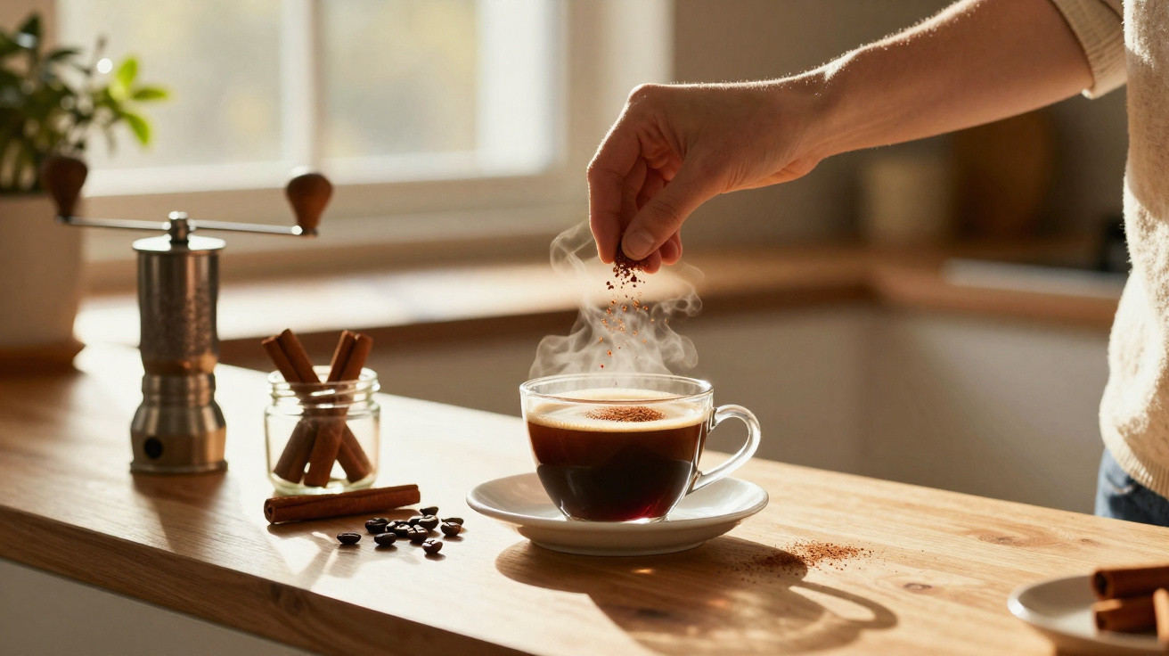 Mão polvilhando canela numa chávena de café quente com vapor, sobre bancada de madeira iluminada pela luz natural.