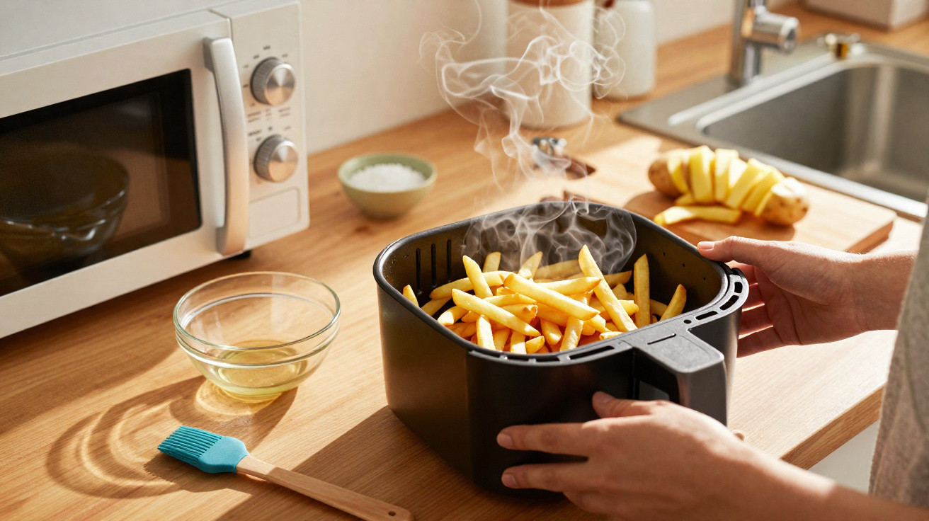 Frango retirado de uma air fryer com batatas fritas e utensílios de cozinha ao fundo numa bancada.