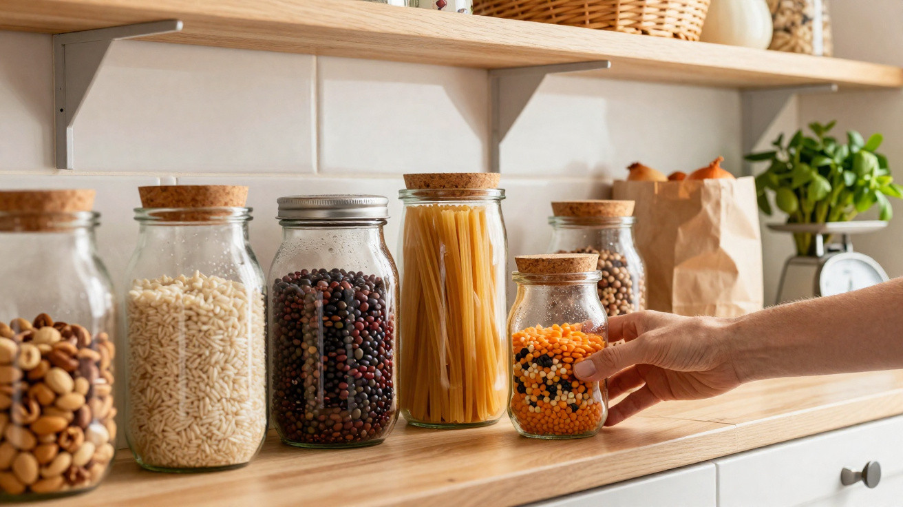 Mãos a organizar frascos de vidro com cereais e massas numa prateleira de cozinha de madeira.