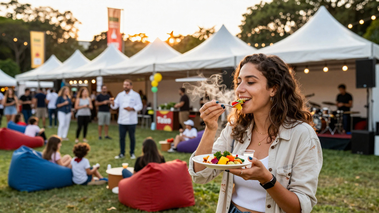 Mulher a comer fruta num prato em evento ao ar livre com tendas e pessoas ao fundo.