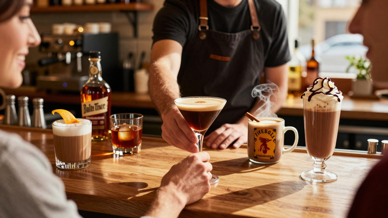 Pessoa a receber um cocktail do bartender num balcão com várias bebidas quentes e frias.