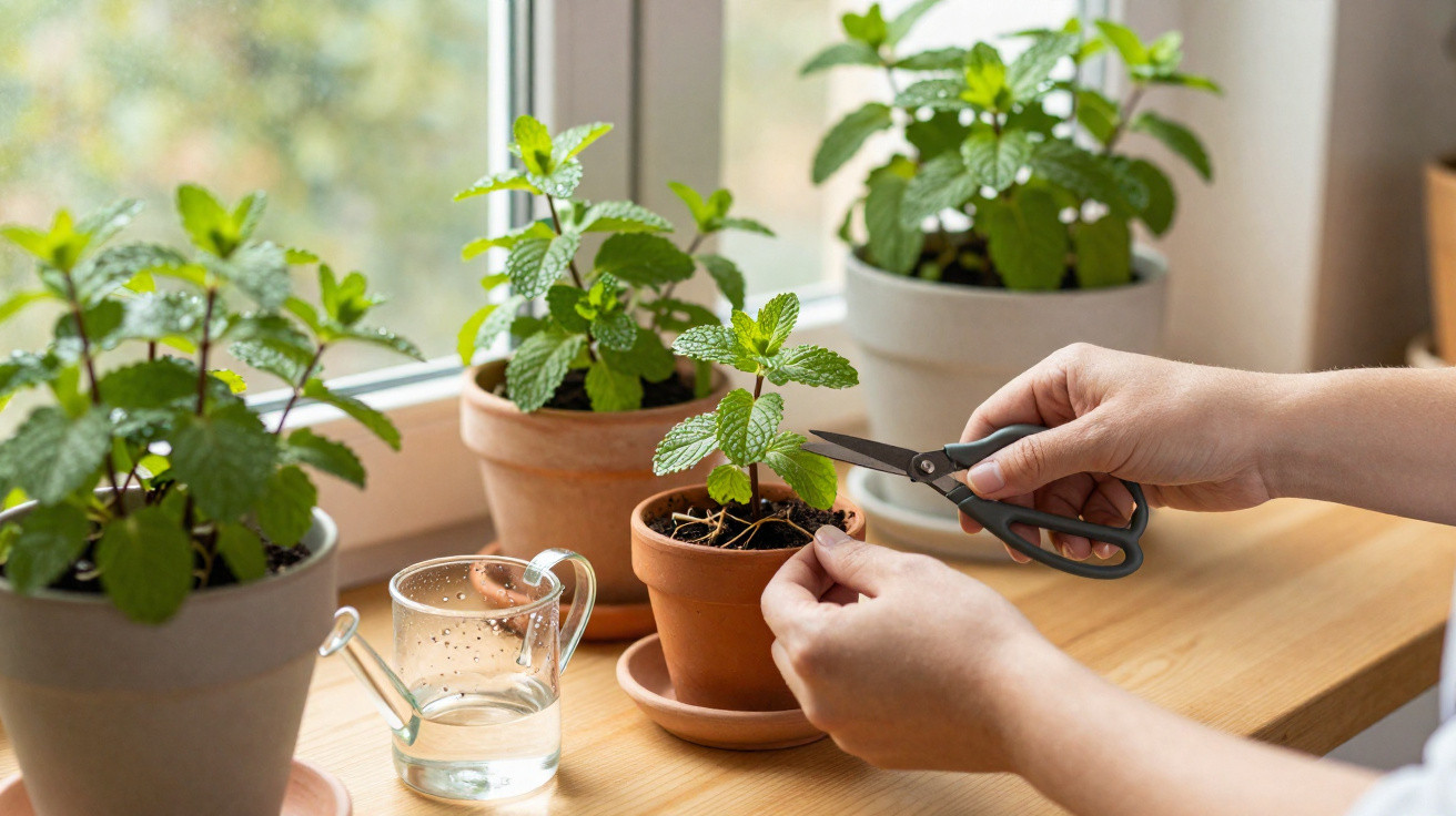 Mãos a podar planta em vaso de cerâmica numa janela com várias plantas e regador ao lado.